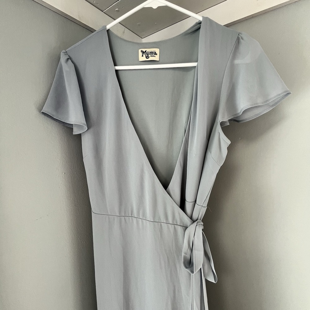 Show Me Your Mumu Noelle Flutter Wrap Dress Dusty Blue Size Small‎ - Picture 2 of 10